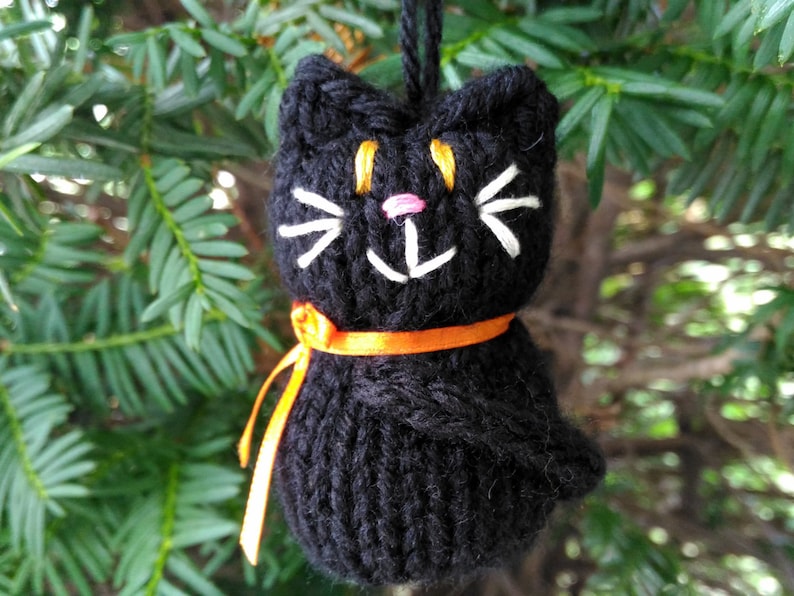 Handmade Knit Black Cat Ornament, Hanging Decoration for Halloween or Christmas image 1