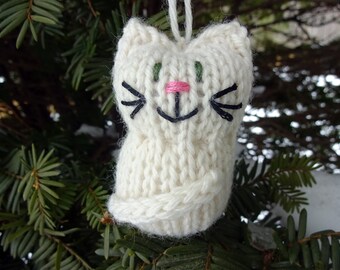 Handmade Knit Cat Ornament: Cream Holiday Tree Decoration