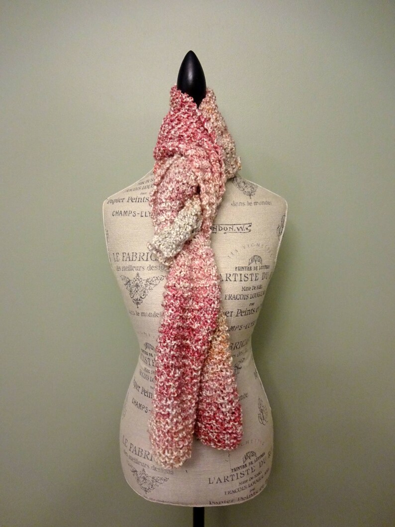 Women's Extra Long Variegated Pink and Neutral Scarf, Colorful Scarf, Hand Knit, Chunky Knit, Soft, Fluffy, Winter Scarf, Hand Made Gift image 2