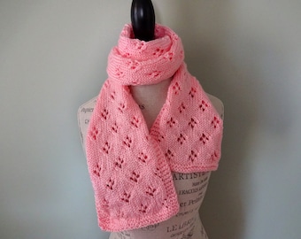 Coral Quatrefoil Patterned Scarf, Hand Knit Women's Scarf, Fashion Scarf, Gift for Mom, Gift for Teacher, Light Scarf