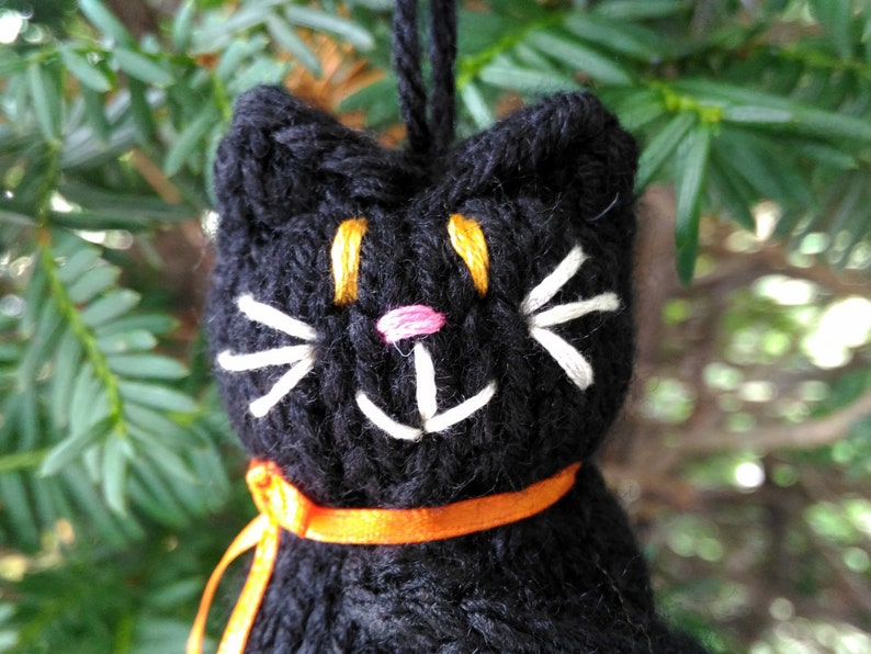 Handmade Knit Black Cat Ornament, Hanging Decoration for Halloween or Christmas image 2