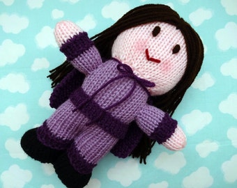 Hand Knit Superhero Doll, Purple Outfit, Stuffed Toy