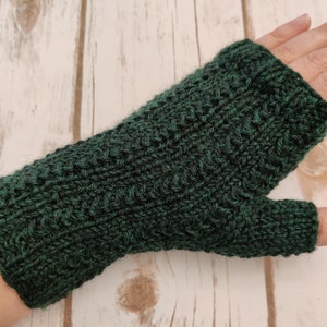 Hand Knit Wool Fingerless Mitts, Natural Fiber, Fingerless Gloves, Wool Gloves, Women's Gloves, Texting Gloves, Yankee Swap, Secret Santa Forest Green