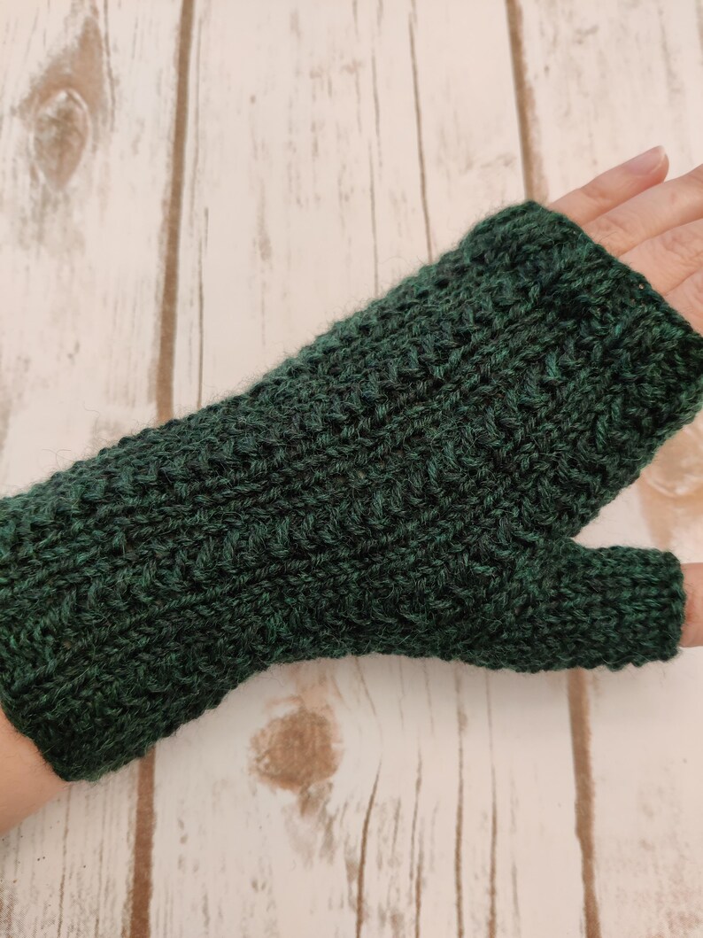Hand Knit Wool Fingerless Mitts, Natural Fiber, Fingerless Gloves, Wool Gloves, Women's Gloves, Texting Gloves, Yankee Swap, Secret Santa Forest Green