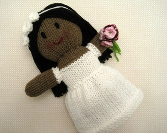Hand Knit African American Bride Doll: Flower Girl Gift, Wedding Decor