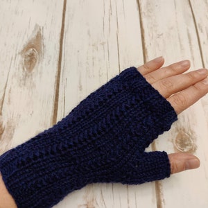 Hand Knit Wool Fingerless Mitts, Natural Fiber, Fingerless Gloves, Wool Gloves, Women's Gloves, Texting Gloves, Yankee Swap, Secret Santa Navy Blue