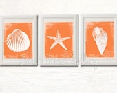 Beach Bathroom, Printable Beach Decor, Bathroom Decor,  Coastal Wall Art, Tangerine Orange, Beach Wall Art, Seashell Starfish Modern Beach