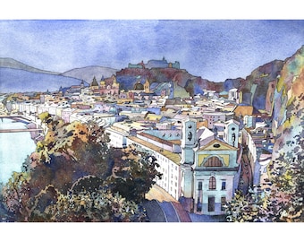 Paisaje al atardecer en Salzburgo, Austria, pintura en acuarela, paisaje urbano europeo (impresión)