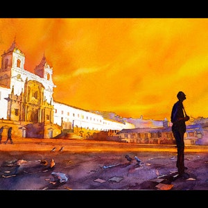 Kleurrijk schilderij Quito Ecuador zonsopgang aquarel, Quito skyline landschap Zuid-Amerika trendy muur kunst handgemaakt item wand decor print afbeelding 2