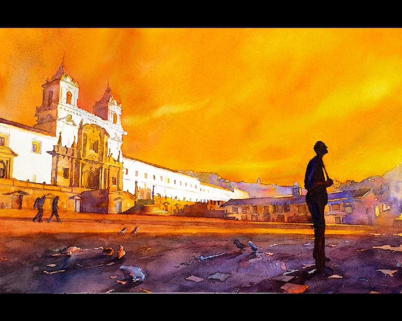 Colorful painting Quito Ecuador sunrise watercolor, Quito skyline landscape South America trendy wall art handmade item wall decor print image 2