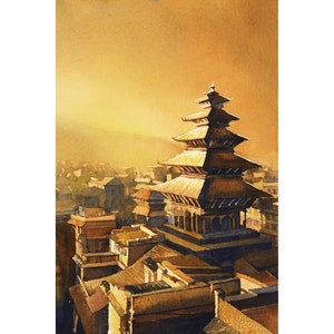 Painting of Nyatapola Temple in Bhaktapur- Kathmandu Valley, Nepal,  Fine art watercolor landscape painting wall decor Nepal temple (print)