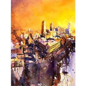 Raleigh North Carolina Skyline Watercolor Print, Colorful Sunset Wall Art, Cityscape Architecture Decor, Trendy Landscape Giclee Painting