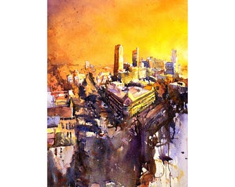 Raleigh North Carolina Skyline Watercolor Sunset Art Print