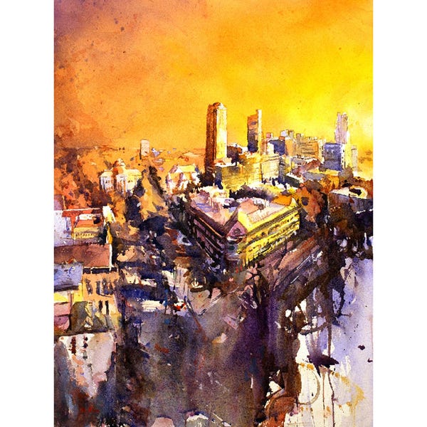 Raleigh, Północna Karolina, panorama, akwarela, zachód słońca, wydruk artystyczny