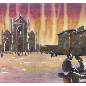 Originele aquarel Florence Italië kerk Santa Croce, zonsondergang kleurrijke muur kunst Europese stad Florence Italië kunstwerk aquarel kerk