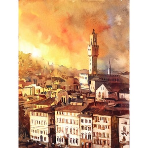 Florence, Italië, beeldende kunst Italië, aquarel Florence kunst schilderij Aquarel van kerkklokkentoren bij zonsondergang Florence (origineel)