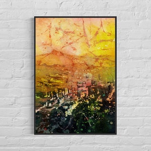 Watercolor painting Portland OR colorful sunset artwork, cityscape wall art handmade home decor interior design travel poster giclee (print)