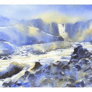 Dipinto ad acquerello raffigurante una cascata sulla costa islandese, decorazione per la casa realizzata a mano con una cascata islandese, dipinto di viaggio, arte del paesaggio islandese (stampa)