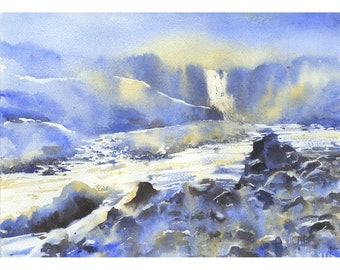 Waterfall Icelandic coast watercolor painting art (print)