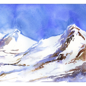Watercolor landscape painting Swiss Alps. Watercolor of snow covered mountains in Switzerland.  Swiss alps snowing landscape artwork (print)