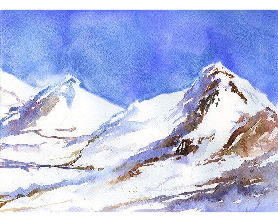 スイスアルプスの水彩風景画。スイスの雪に覆われた山々を描いた水彩画