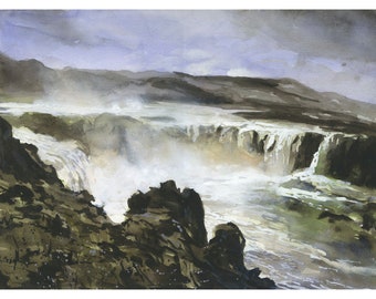 Iceland Godafoss Waterfall Watercolor Painting: Icelandic Landscape Art (Print)