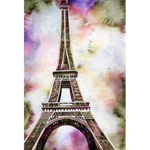 Colorful home decor Eiffel Tower sunset Paris France, handmade item travel essentials landscape painting Europe architecture giclee (print)