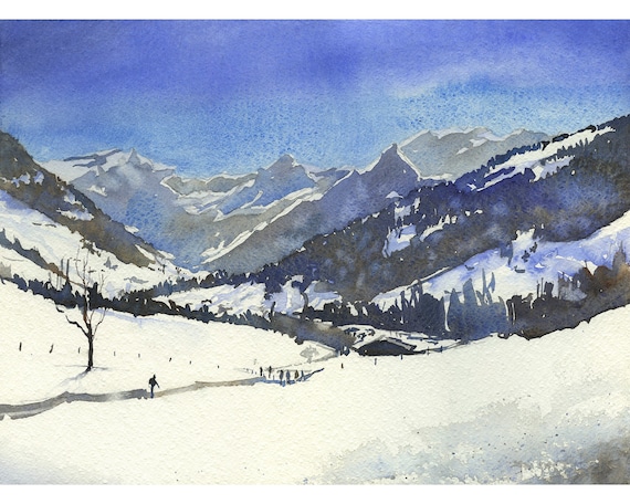 絵画 Winter Mountains Snowy Mountain Tops Original Watercolor Painting Winter