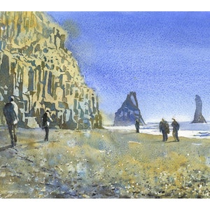 Dipinto ad acquerello sulla spiaggia di Reynisfjara, Vik, Islanda, costa islandese, opera d'arte murale colorata, arte costiera per la casa, articolo fatto a mano, viaggio (stampa)