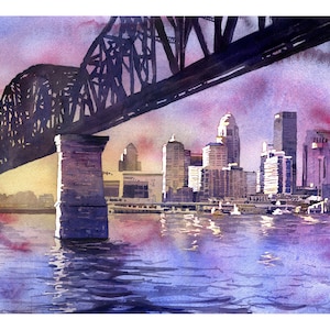 Louisville, KY skyline at sunset. Watercolor painting of Louisville, Kentucky skyline sunset art painting sunset landscape cityscape (print)