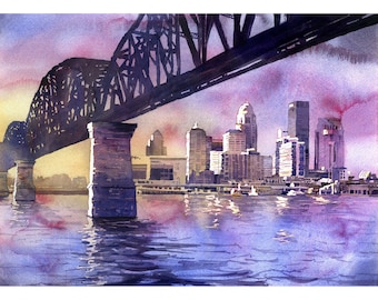 Louisville, KY Skyline bei Sonnenuntergang. Aquarell von Louisville, Kentucky Skyline Sonnenuntergang Kunst Malerei Sonnenuntergang Landschaft Stadtbild (Druck)
