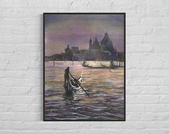 Watercolor painting Venice Italy Italian artwork, Venice watercolor sunset art gondola boat Venice giclee architecture church Europe (print)