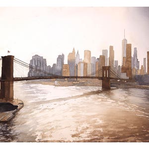 Brooklyn Bridge and skyscrapers of Manhattan at sunset in New York City- New York, USA.  Watercolor painting of Manhattan skyline (print)
