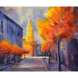 Colorful watercolor painting Charleston SC, watercolor architecture print sunset painting trendy wall art South Carolina landscape (print)