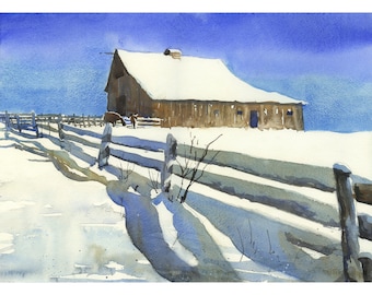 Barn Watercolor Painting: Snowy Winter Landscape Art, Farmhouse Decor