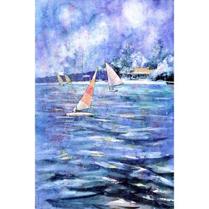 Wasserboote Aquarell Kunst, Segeln Landschaft Wandkunst Strand Dekor, farbenfrohe handgefertigte Küsten Kunstwerk, trendige Wohnaccessoires (Print)