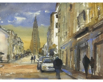 Iceland Hallgrimskirkja church Reykjavik watercolor painting Icelandic landscape home decor cityscape handmade item travel essential (print)
