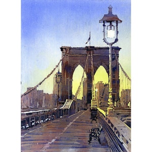 Könnte beinhalten: Ein Aquarellgemälde der Brooklyn Bridge in New York City. Die Brücke ist in Braun- und Grautönen gemalt, mit einem gelben Himmel im Hintergrund. Eine Straßenlaterne befindet sich auf der rechten Seite der Brücke.