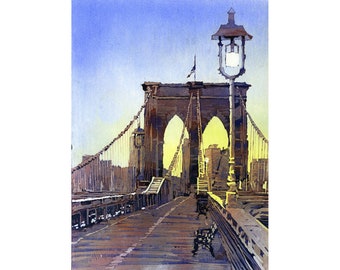 New York City Skyline Wall Art Brooklyn Bridge Print Manhattan Watercolor Painting NYC Cityscape Home Decor Travel Gift (Giclee)