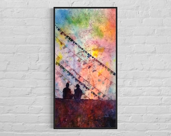 Batik painting of people in front of Buddhist prayer flags Stupa of Boudhanath in Kathmandu Valley- Nepal, Watercolor colorful art (print)