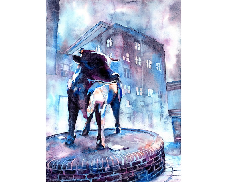 Durham Bull Bronze Statue in Downtown Durham NC at Dusk. Fine Etsy