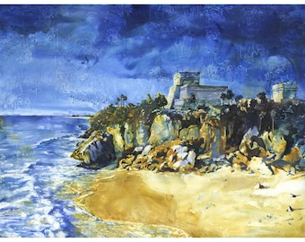 Colorful painting Mayan ruins beach Tulum Mexico handmade item trendy wall art watercolor Mayan ruins Yucatan Peninsula home decor (print)