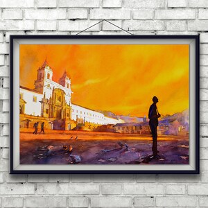 Kleurrijk schilderij Quito Ecuador zonsopgang aquarel, Quito skyline landschap Zuid-Amerika trendy muur kunst handgemaakt item wand decor print afbeelding 4