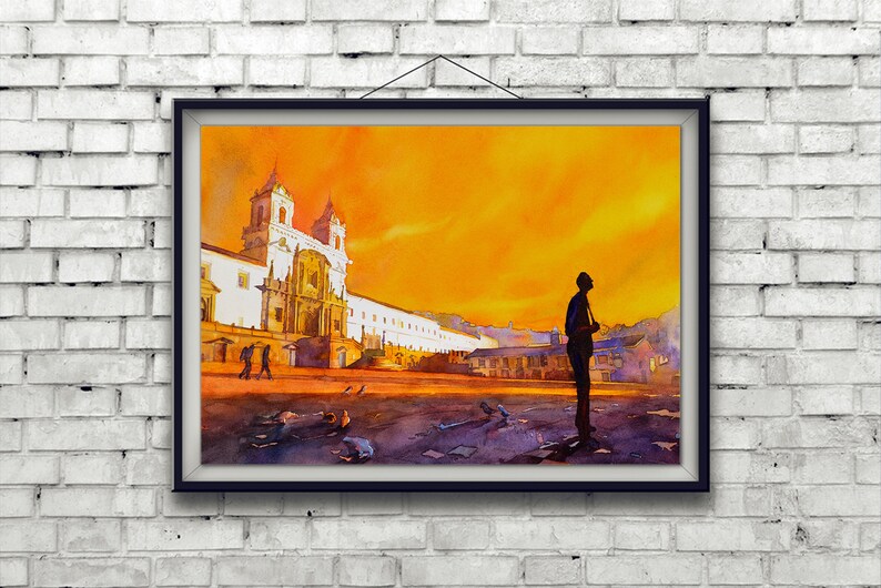 Kleurrijk schilderij Quito Ecuador zonsopgang aquarel, Quito skyline landschap Zuid-Amerika trendy muur kunst handgemaakt item wand decor print afbeelding 4