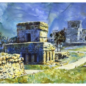 Tulum Mayan ruins in Mexico.  Watercolor painting of Mayan ruins Tulum Yucatan Peninsula- Mexico.  Watercolor painting Cancun Mexico (print)