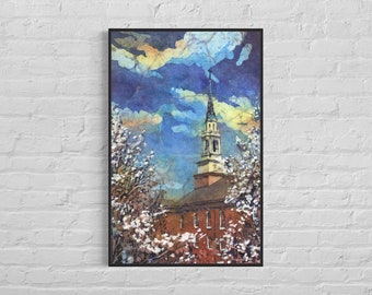 Tennessee Chapel watercolor painting.  Fine art print of chapel in TN watercolor batik blue sky artwork church painting fine art (print)