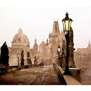 St. Charles Bridge Prague Czech Republic Art watercolor painting European travel essentials art for house interior design home decor (print)