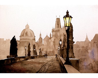 Watercolor painting Charles Bridge Prague art Europe landscape, colorful wall art apartment decor travel poster art for house trendy (print)