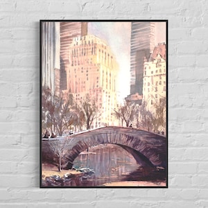 Central Park bridge in New York City,  Watercolor painting of  NYC skyscrapers New York  painting wall art NYC landscape photo (print)