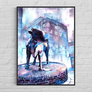 Watercolor painting Durham Bull trendy wall art North Carolina fine art painting architecture NC cityscape colorful wall art giclee (print)